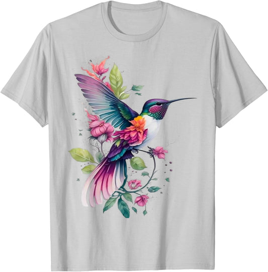 Floral Humming Bird Flowers Tie Dye Hummingbird T-Shirt - T-Shirt | Ash
