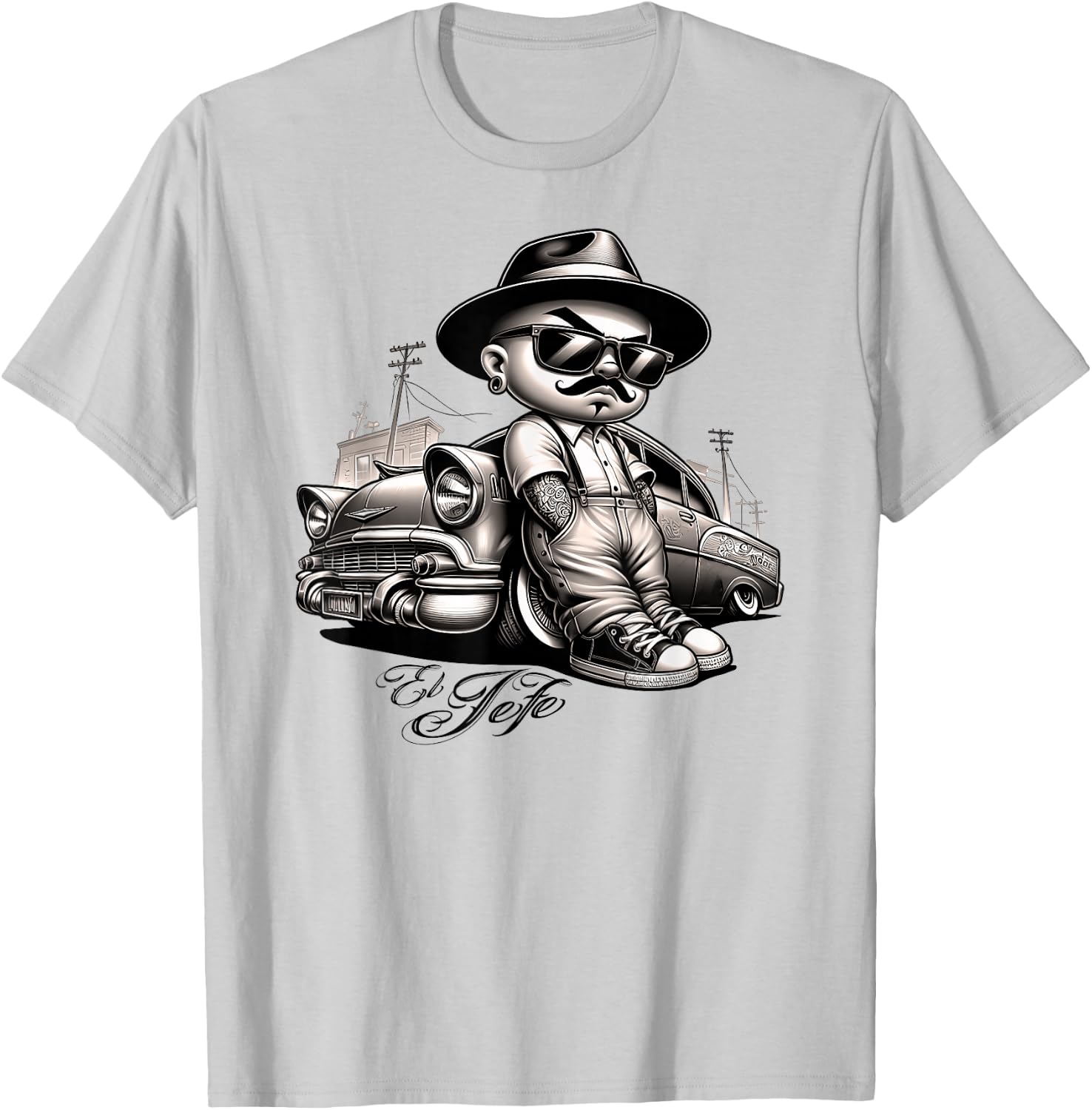 EL JEFE Bomba Lowrider Chicano Homie Tattoo Cholo Pachuco T-Shirt - T-Shirt | Ash