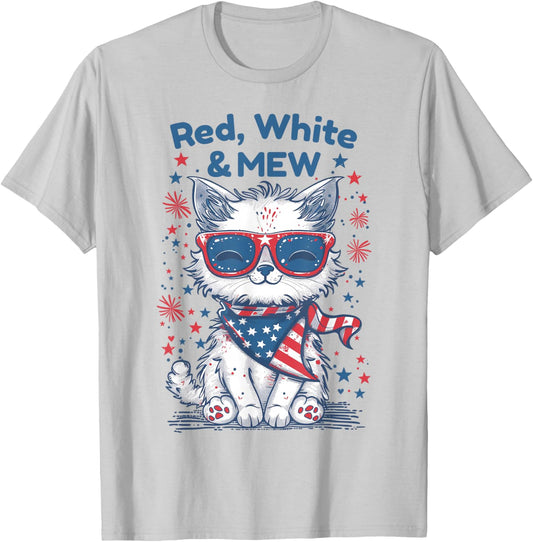 Red White and Mew Cute Patriotic Cat 4th of July Design T-Shirt - T-Shirt | Ash