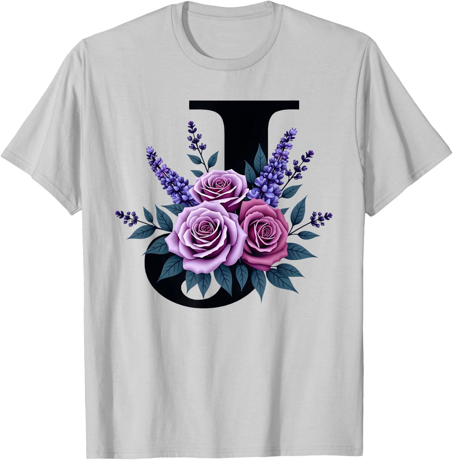 monogram initial name letter J purple roses lavender flowers T-Shirt - T-Shirt | Ash