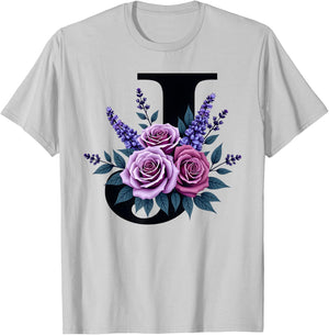 monogram initial name letter J purple roses lavender flowers T-Shirt - T-Shirt | Ash
