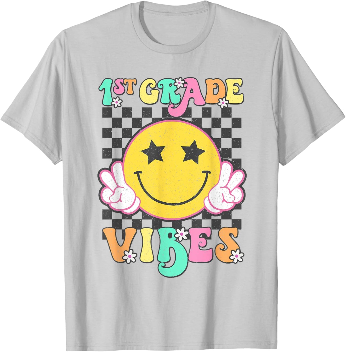 Girls 1st Grade Vibes Smile Face Back to School First Grade T-Shirt - T-Shirt | Ash