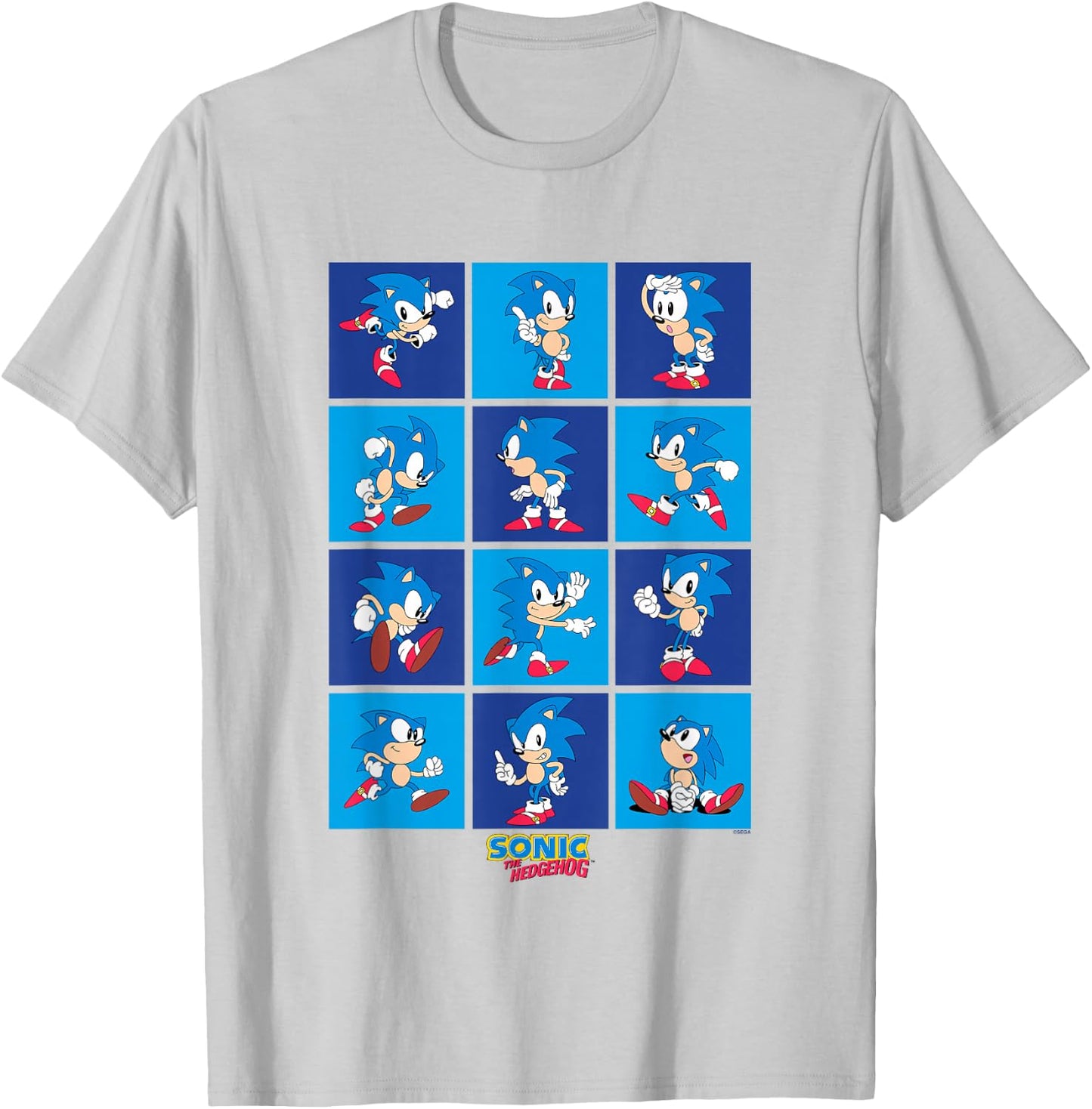 Sonic The Hedgehog Many Poses Of Sonic Retro Panels T-Shirt - T-Shirt | Ash