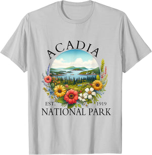 Retro Floral Acadia National Park Hiking Camping Outdoor T-Shirt - T-Shirt | Ash