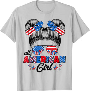All American Funny Girl Messy Bun Patriotic 4th Of July T-Shirt - T-Shirt | Ash