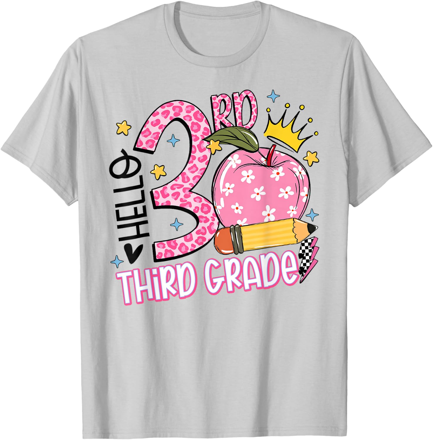 Hello 3rd Third Grade Back To School Pink Leopard Teacher Men Women Girls Kids T-Shirt - T-Shirt | Ash