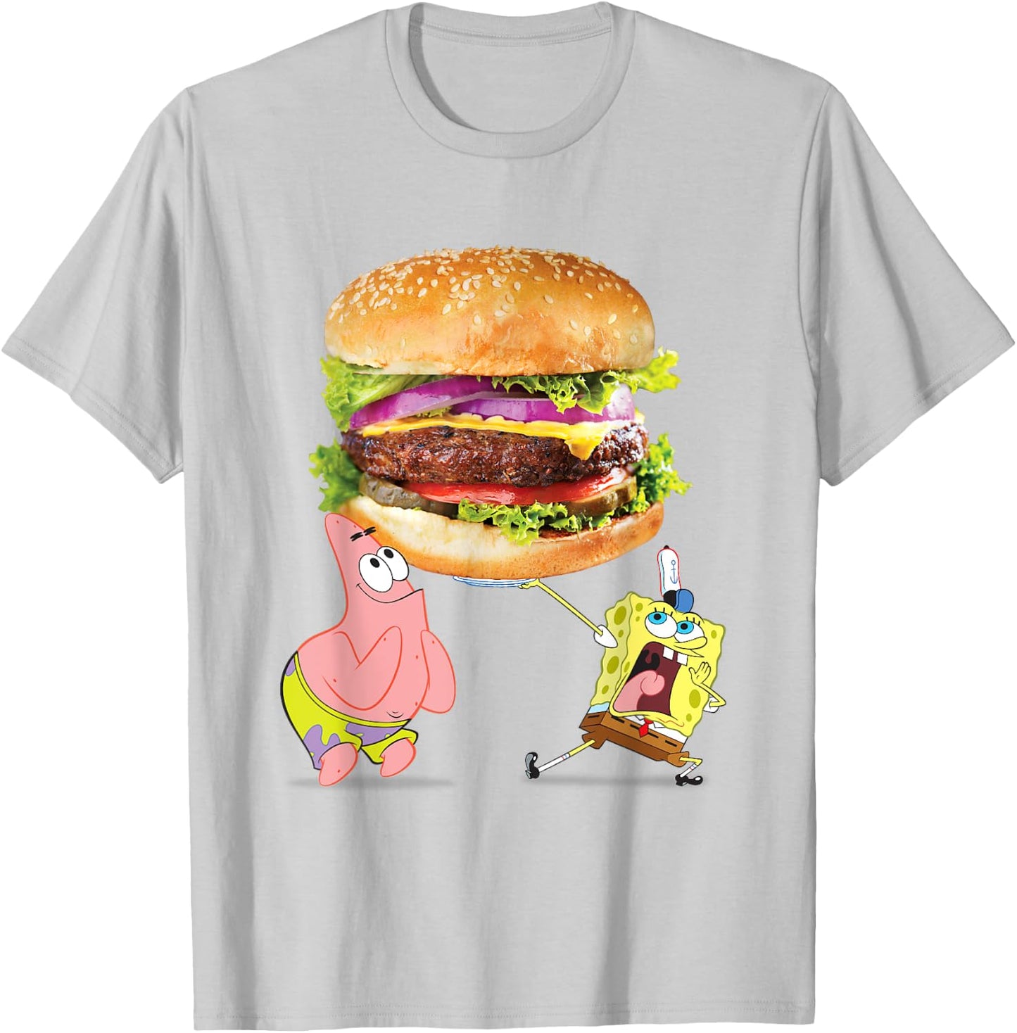 SpongeBob SquarePants & Patrick Star Giant Photo Real Burger T-Shirt - T-Shirt | Ash