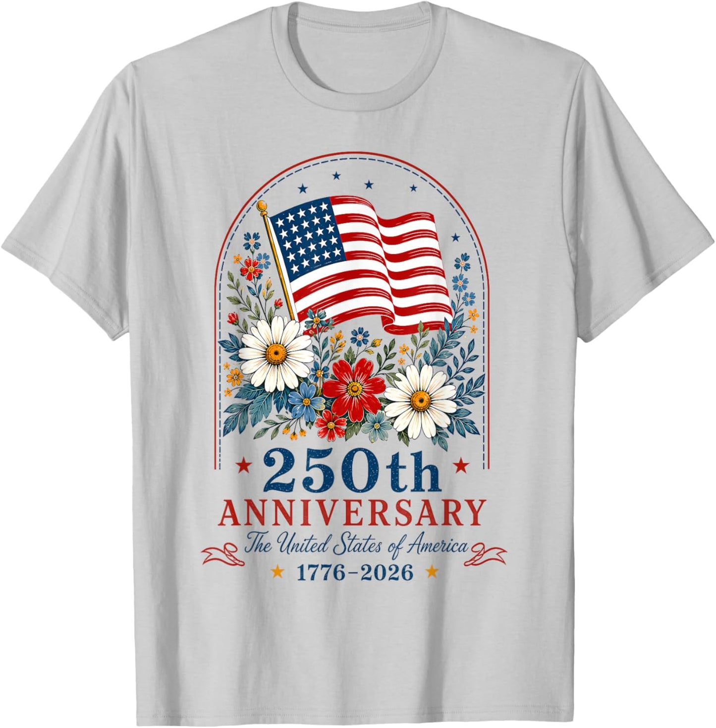 USA 250th Anniversary Floral American Flag 4th of July T-Shirt - T-Shirt | Ash