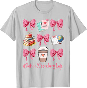 Cute Coquette Bows School Secretary Life Back To School Gift T-Shirt - T-Shirt | Ash