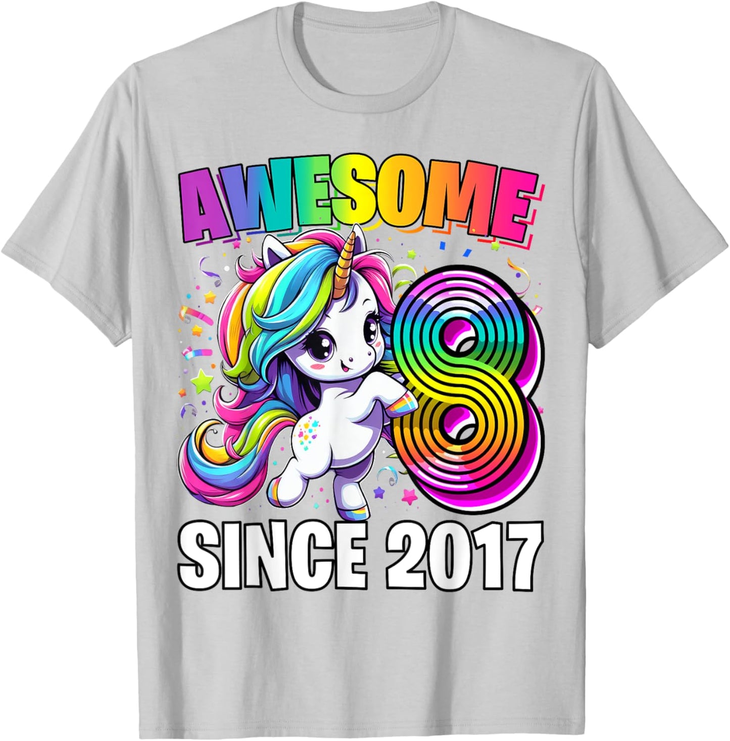 Unicorn 8th Birthday 8 Year Old Unicorn Party Girls Outfit T-Shirt - T-Shirt | Ash