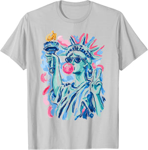 Statue of Liberty Blowing Bubble Gum Patriotic 4th of July T-Shirt - T-Shirt | Ash