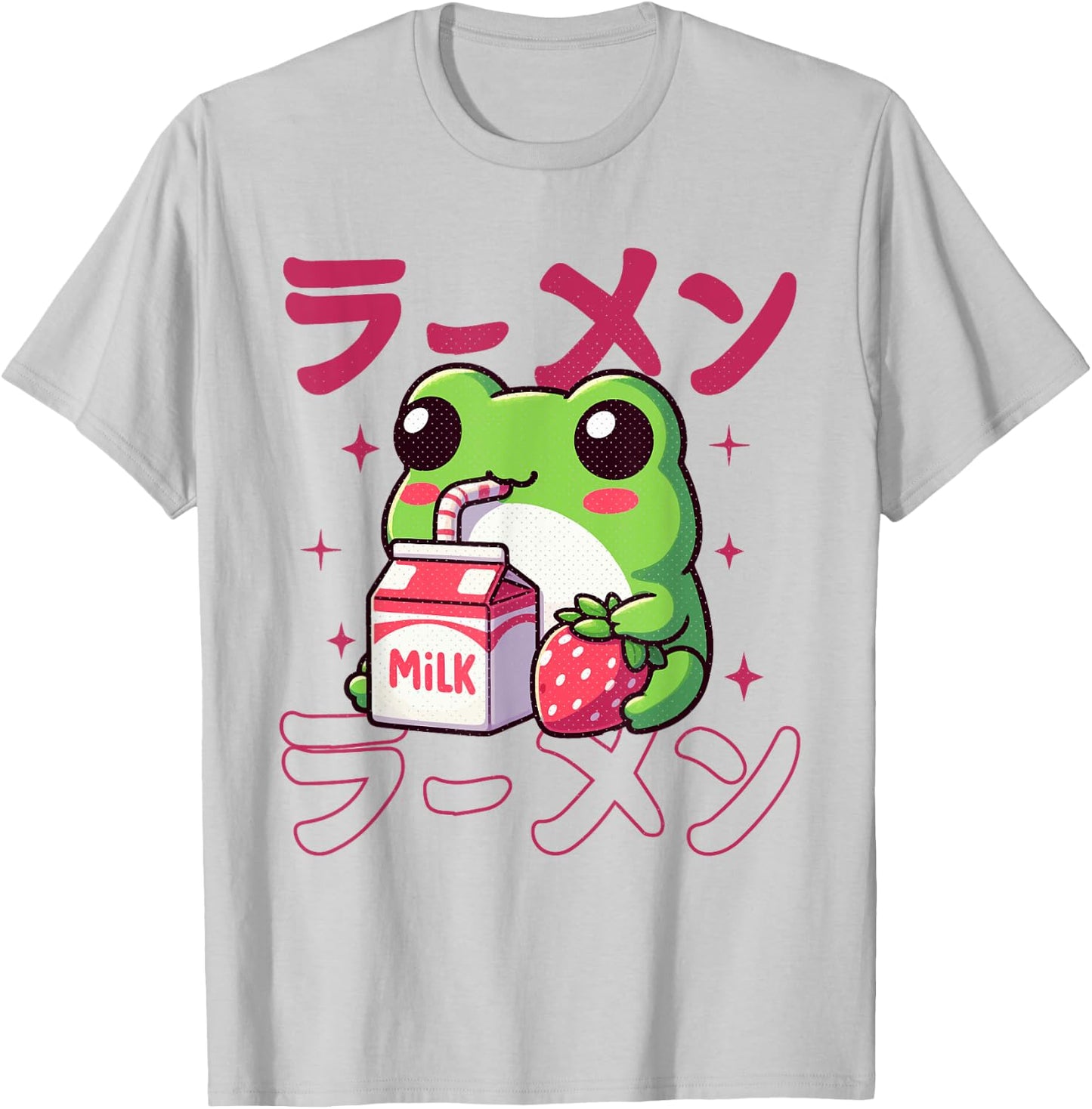 Cute Retro Japanese Kawaii Anime Frog Strawberry Milk Shake T-Shirt - T-Shirt | Ash