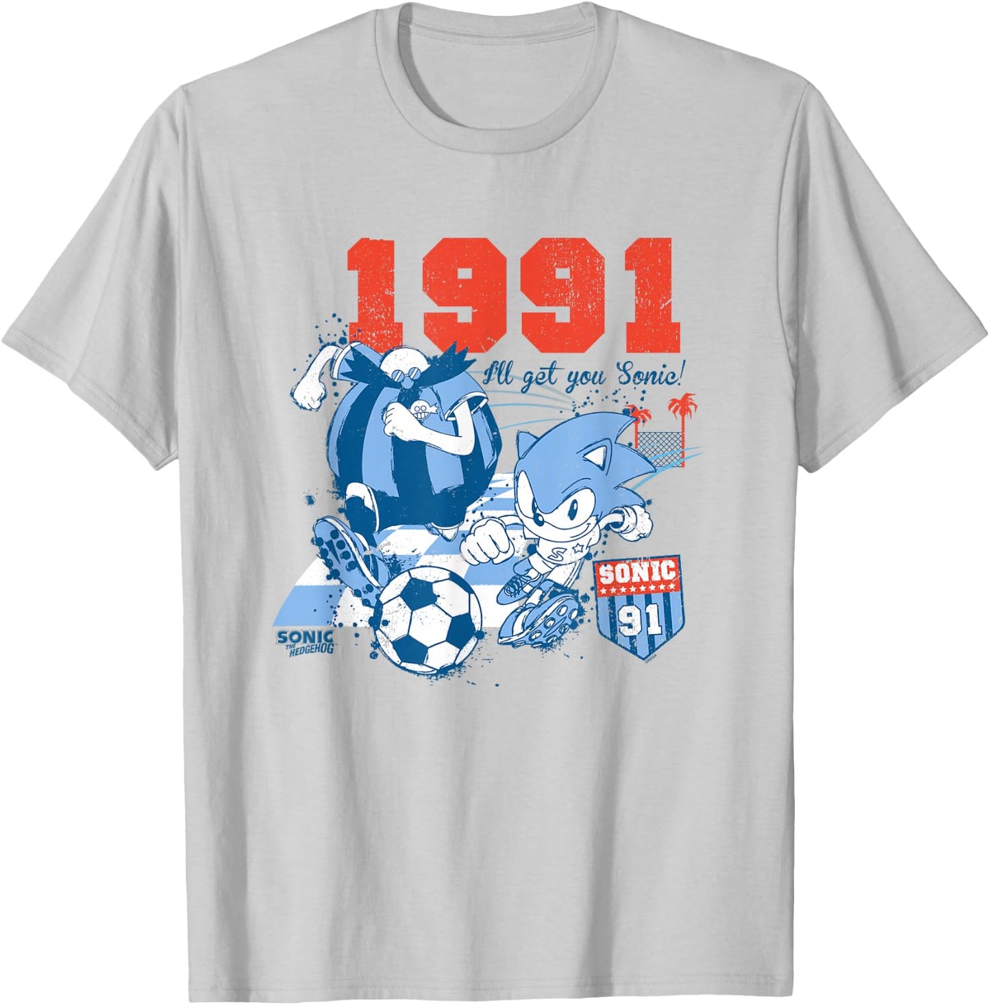 Sonic The Hedgehog Americana Sonic VS Robotnik Soccer Retro T-Shirt - T-Shirt | Ash