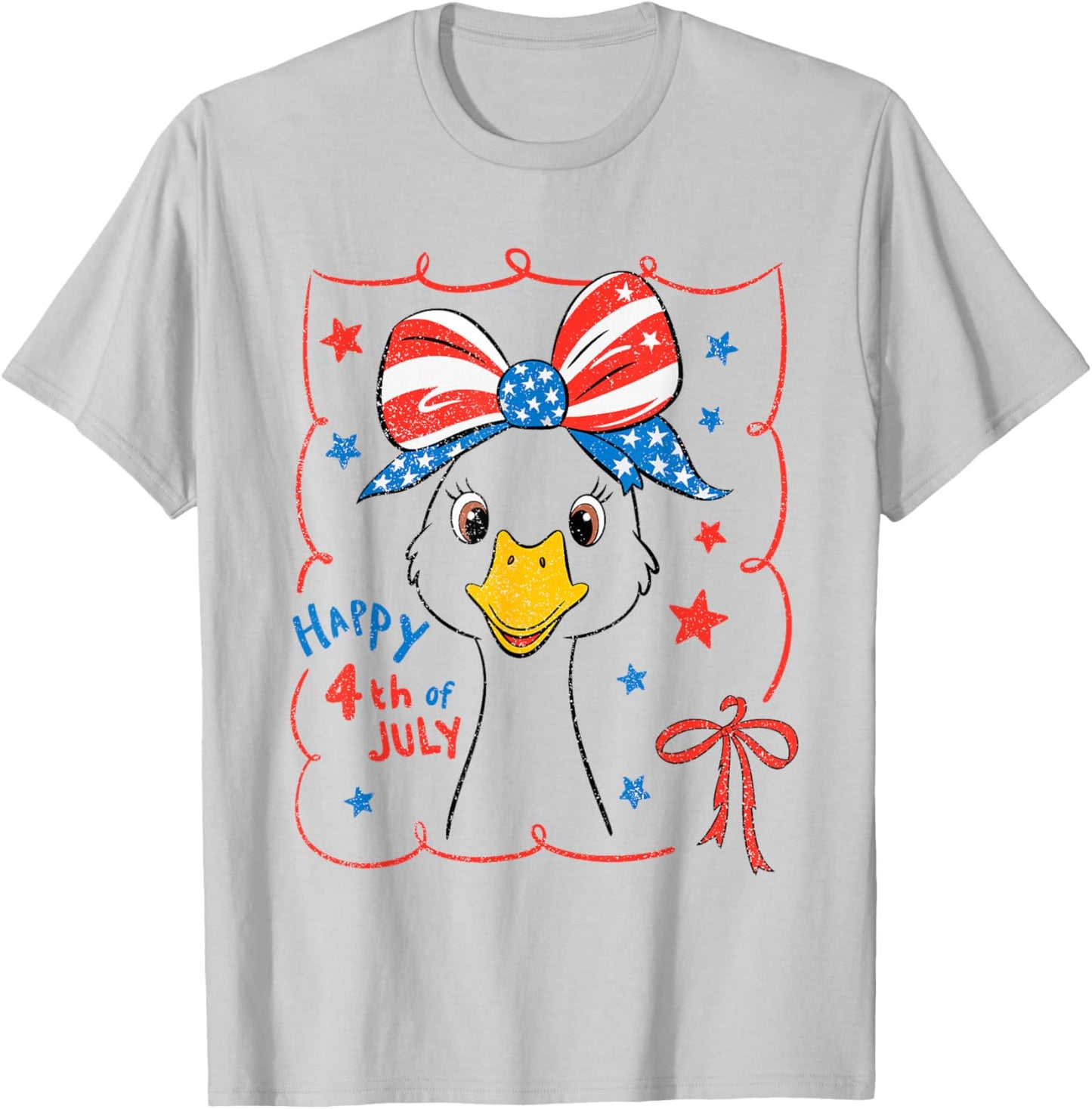 Cute Goose Coquette Bow American Flag USA Happy 4th Of July T-Shirt - T-Shirt | Ash