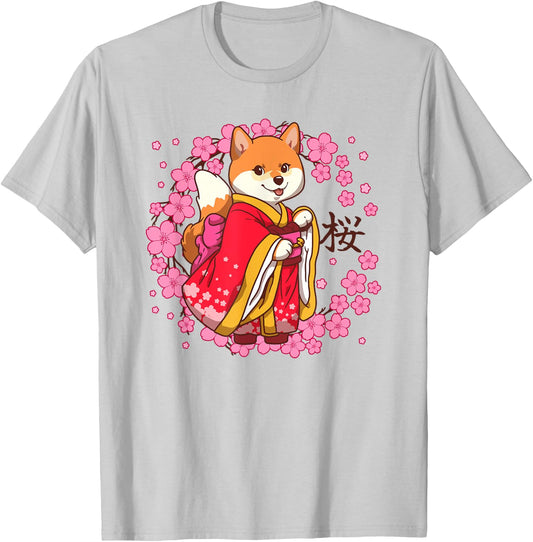 Kawaii Dog SAKURA 桜 Spring T-Shirt - T-Shirt | Ash