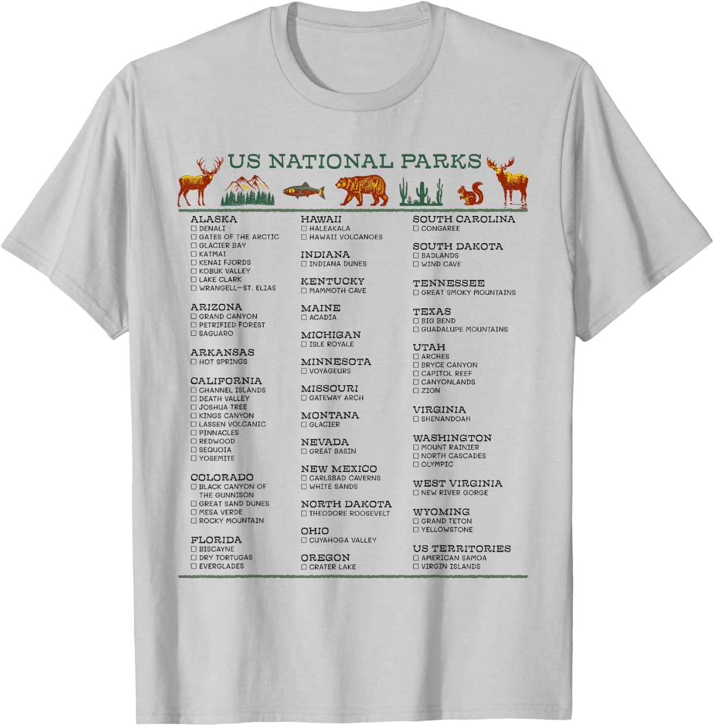 US National Parks List by State Check Off Checklist Souvenir T-Shirt - T-Shirt | Ash