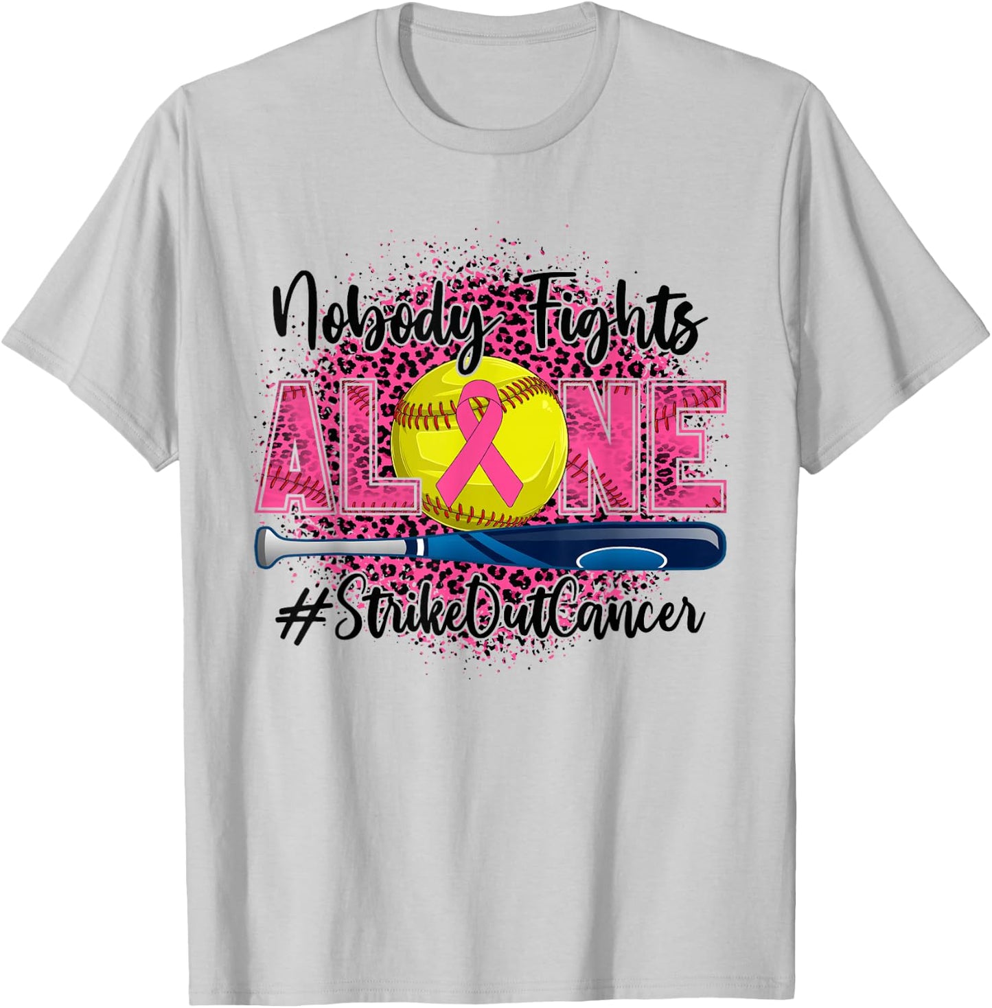 Nobody Fights Alone Strike Out Breast Cancer Softball Ball T-Shirt - T-Shirt | Ash