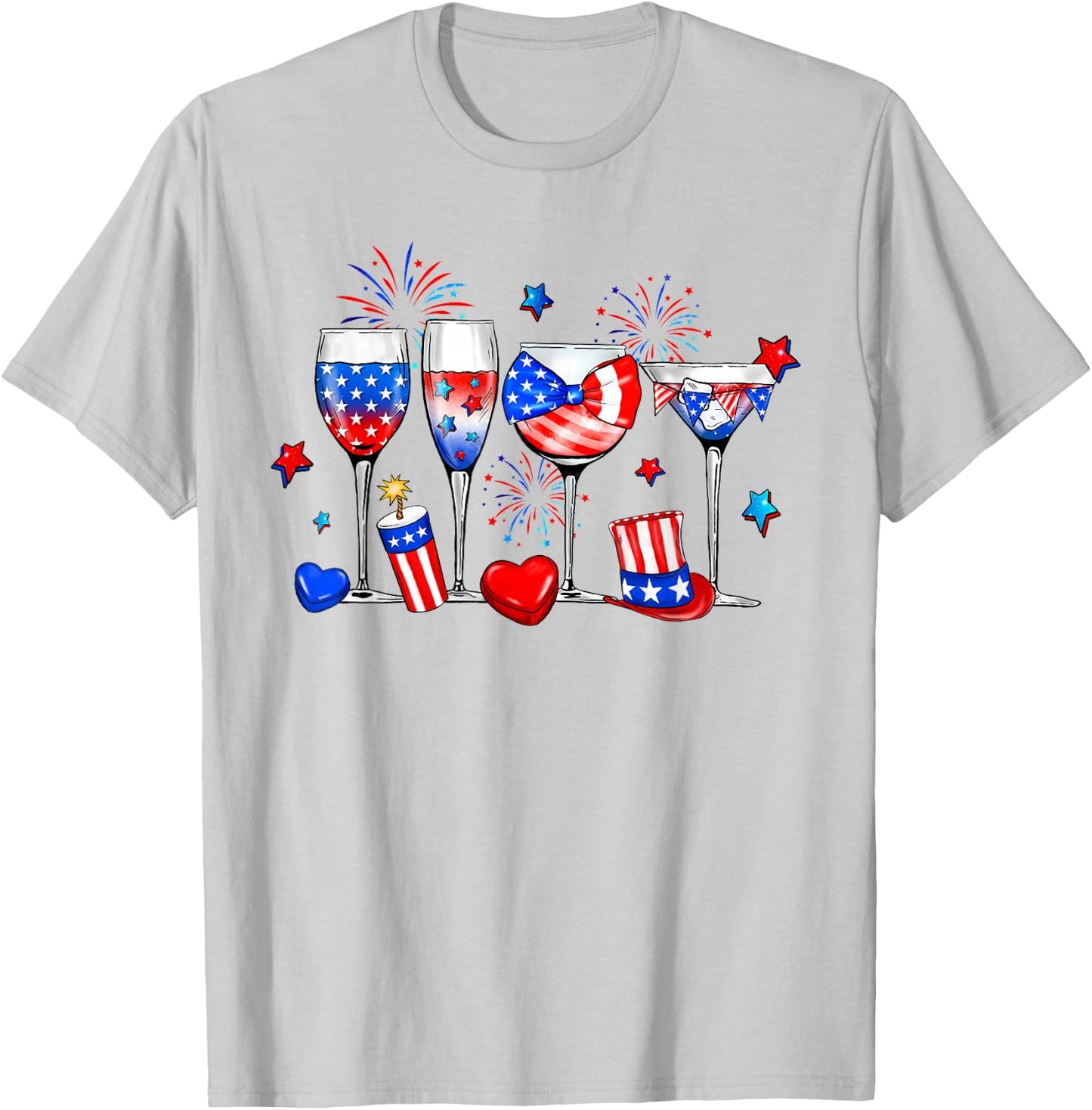 Wine Glasses 4th Of July Drinking Red White Blue USA Flag T-Shirt - T-Shirt | Ash