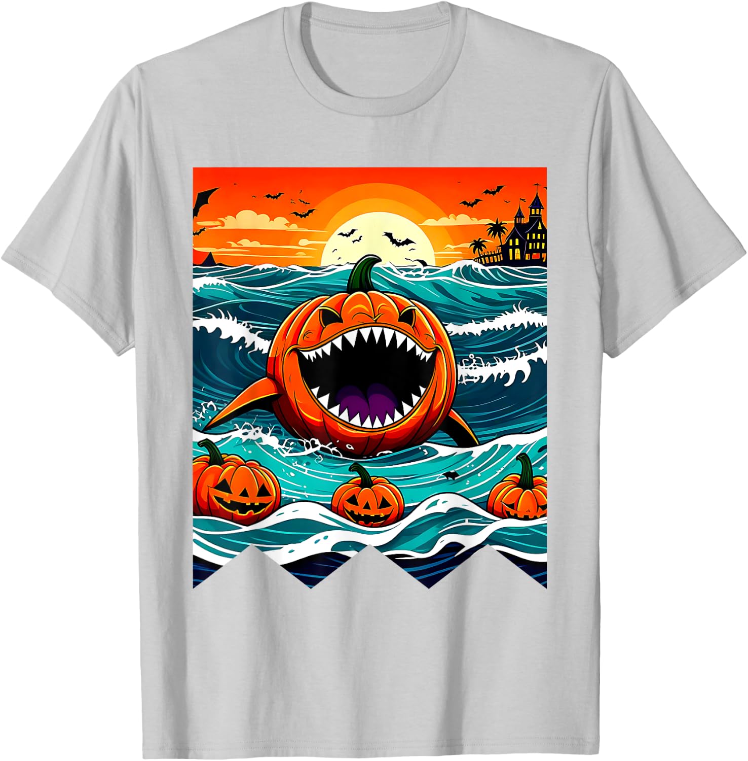 Halloween Pumpkin Shark Funny Summerween Spooky Summer Kids T-Shirt - T-Shirt | Ash