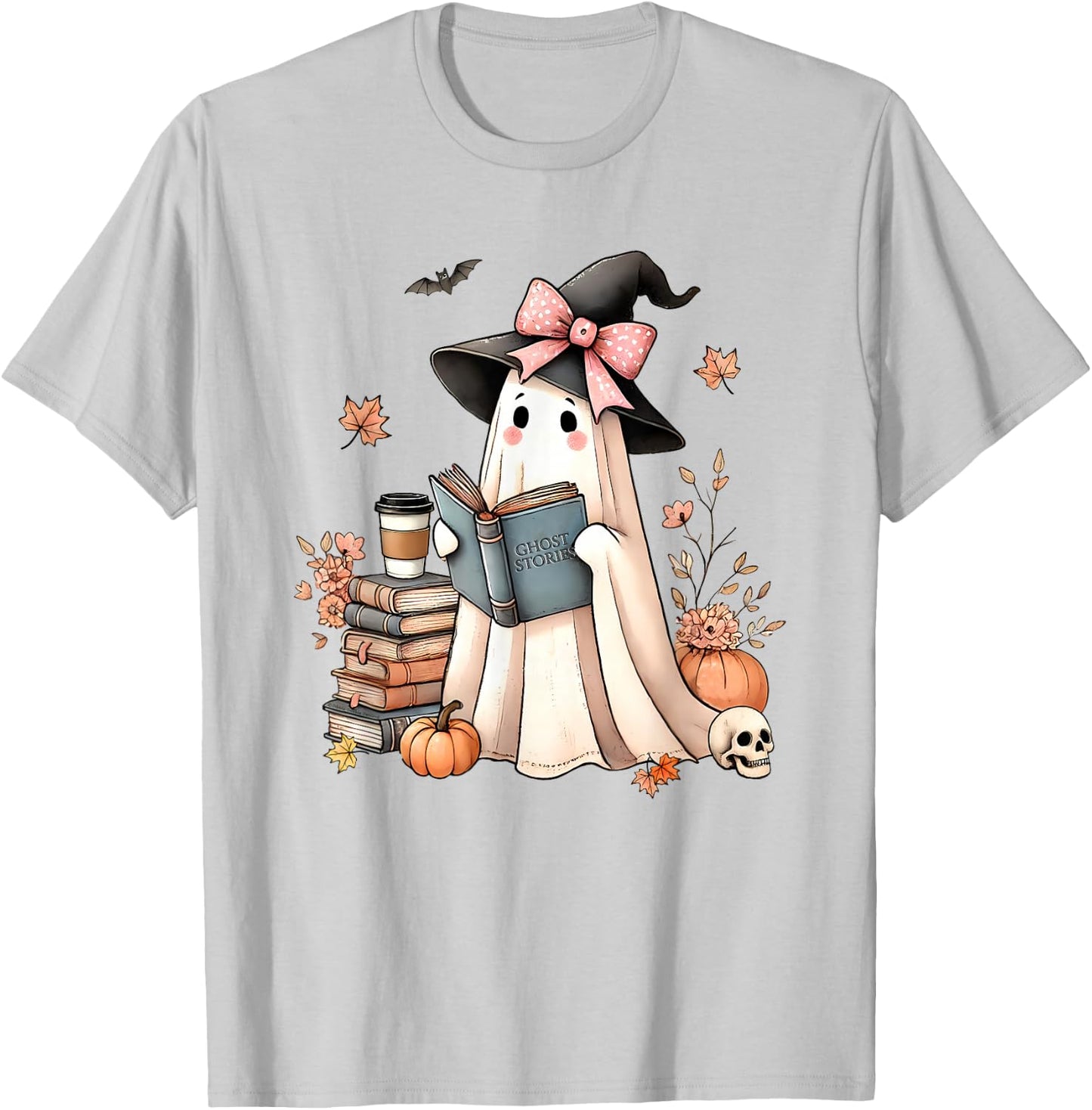 Cute Ghost Reading Book Librarian Book Lover T-Shirt - T-Shirt | Ash