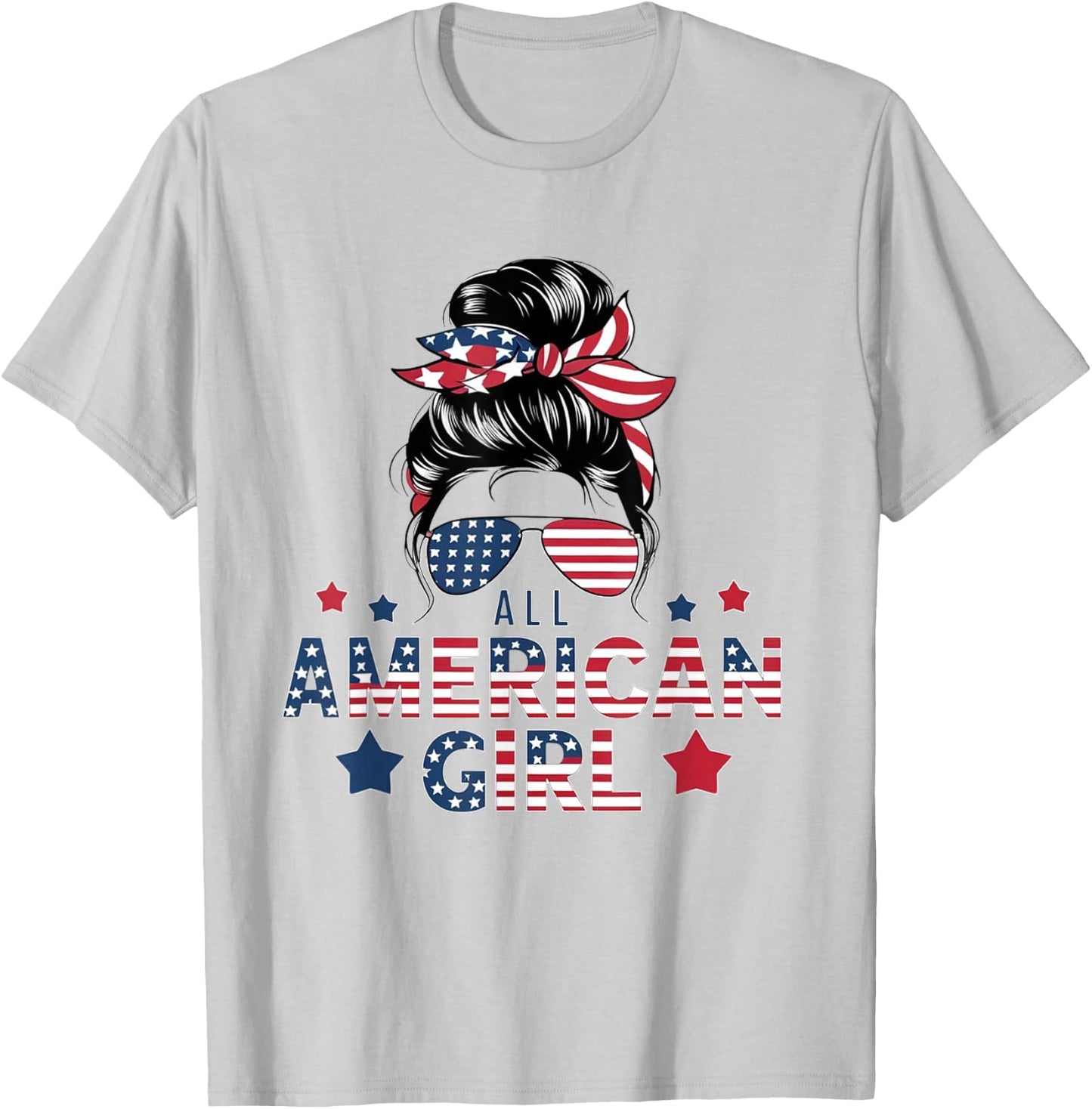 4th of July All American Girls Messy Bun Women USA Flag T-Shirt - T-Shirt | Ash