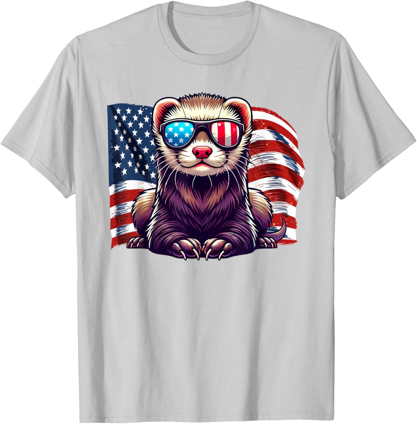 USA Flag Ferret Pets Patriotic Sunglasses Ferrets American T-Shirt - T-Shirt | Ash