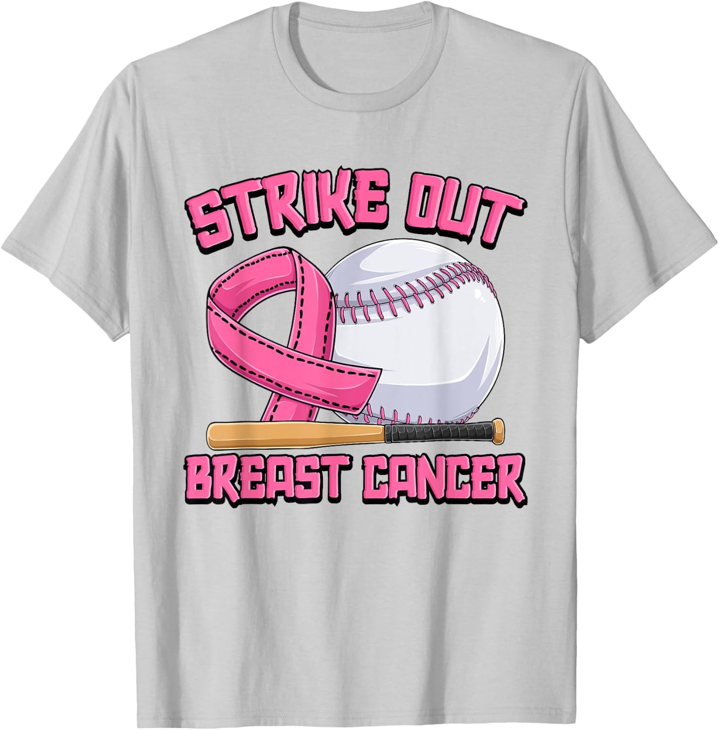 Strike Out Breast Cancer Baseball Breast Cancer Awareness T-Shirt - T-Shirt | Ash