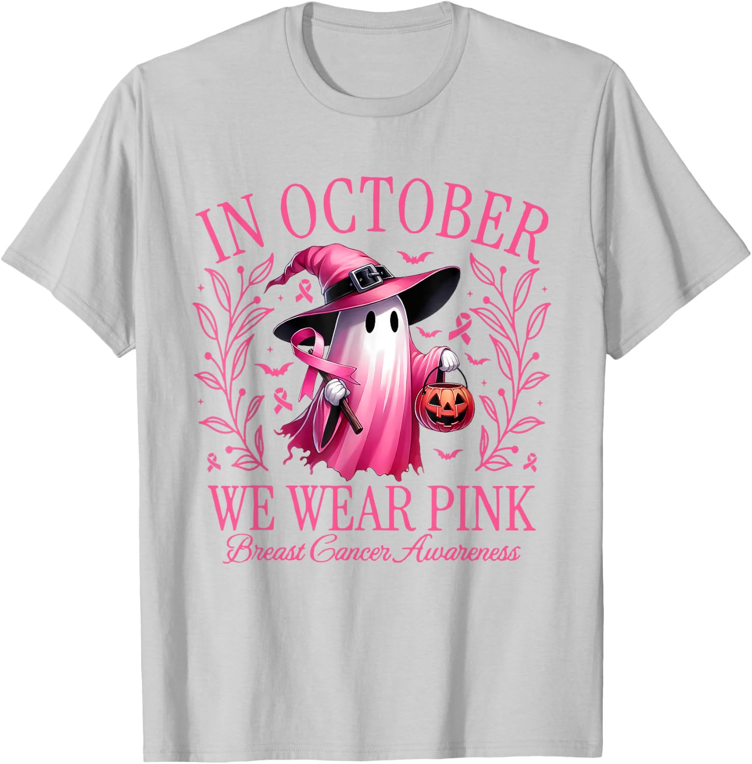 In October We Wear Pink Breast Cancer Awareness Halloween T-Shirt - T-Shirt | Ash