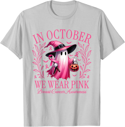 In October We Wear Pink Breast Cancer Awareness Halloween T-Shirt - T-Shirt | Ash