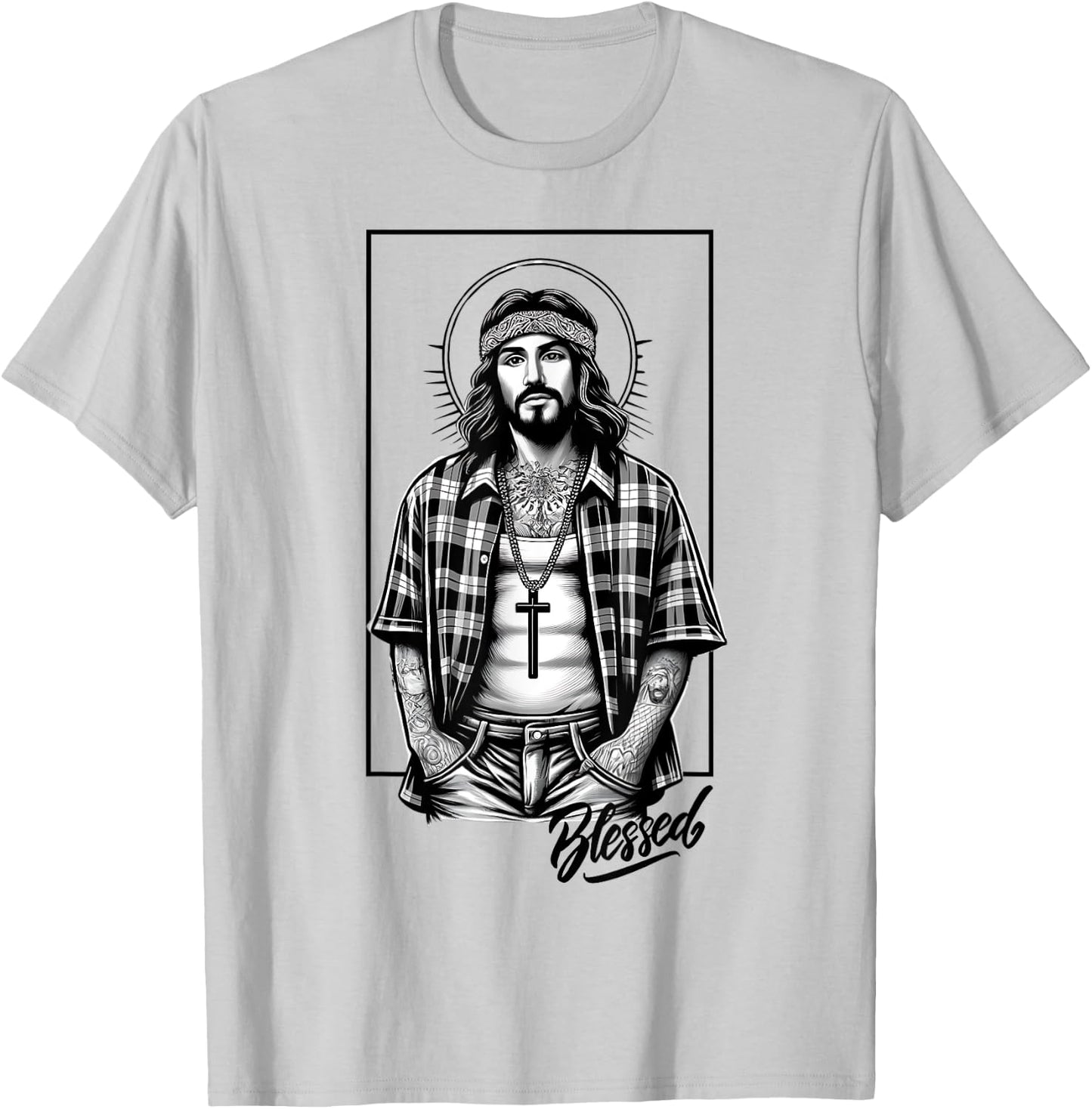 Chicano Latino Cholo Mexican Street Jesus Blessed Religious T-Shirt - T-Shirt | Ash