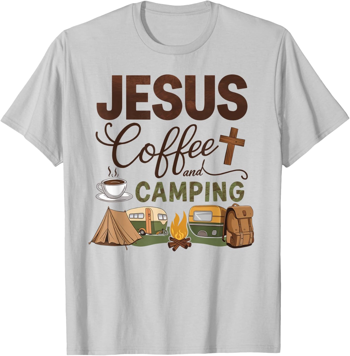 Jesus Coffee And Camping T-Shirt - T-Shirt | Ash