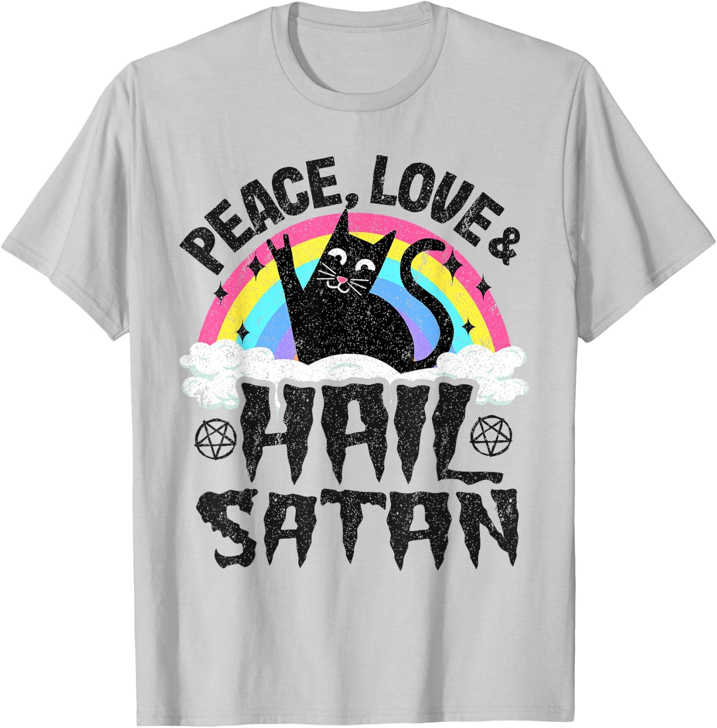 Peace Love & Hail Satan Cat Kids Punk Band Metal Rainbow T-Shirt - T-Shirt | Ash