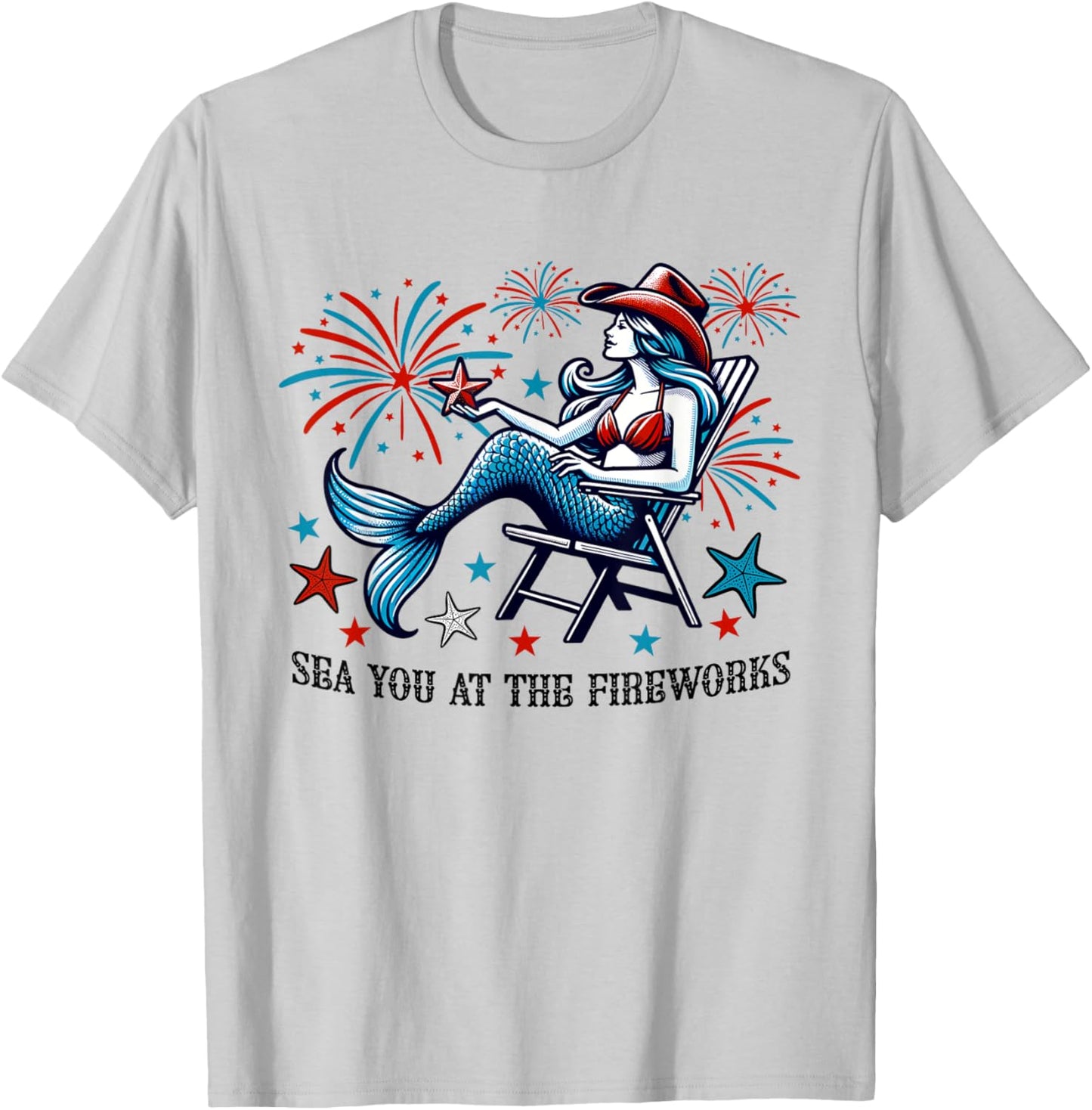 Mermaid Sea You At The Fireworks 4th of July Patriotic Cute T-Shirt - T-Shirt | Ash