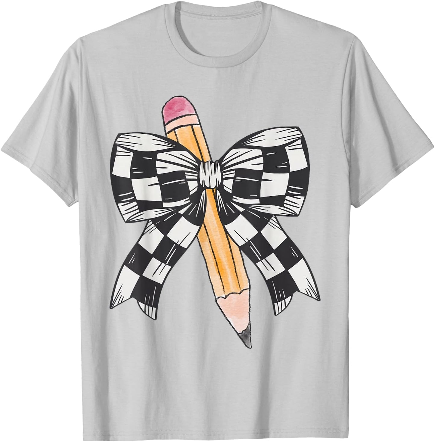 Back To School Day Checkerboard Coquette Bow Pencil Motivate T-Shirt - T-Shirt | Ash