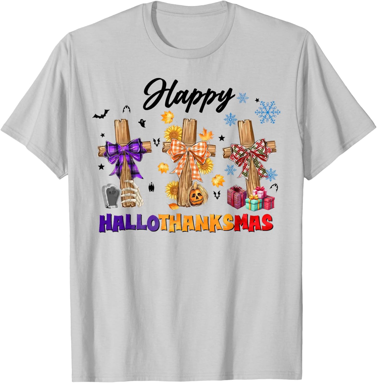 Happy Hallothanksmas Coquette Bow Cross Christian Jesus T-Shirt - T-Shirt | Ash