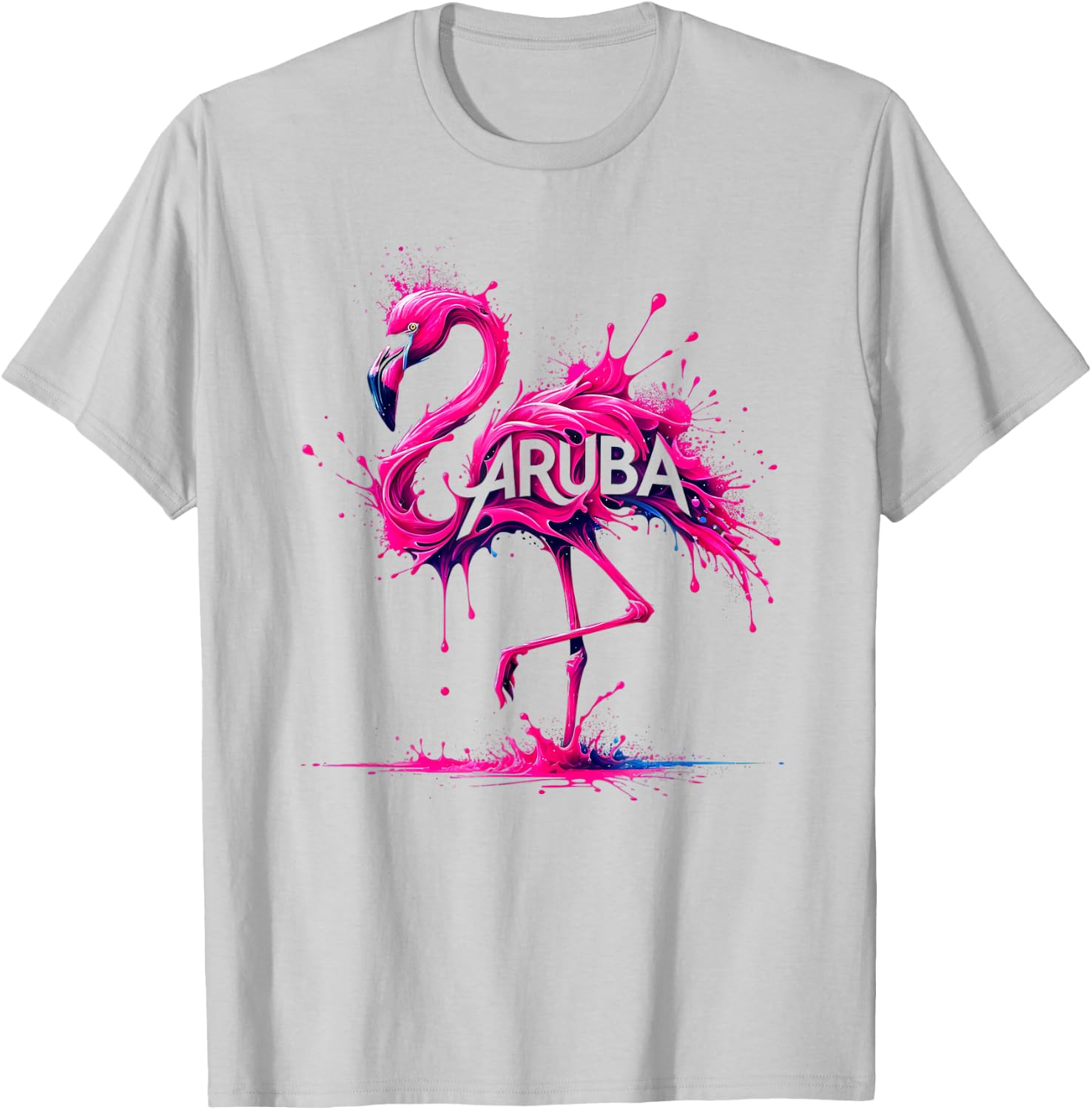 Aruba Paint Splatter Flamingo T-Shirt - T-Shirt | Ash