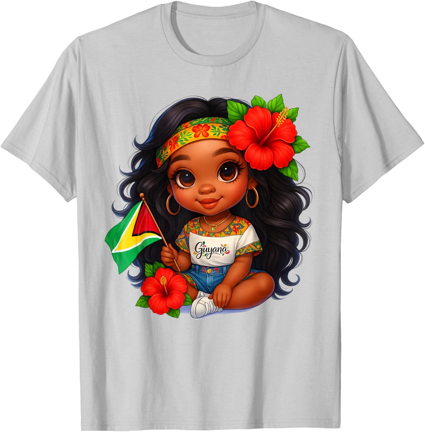 Cute Guyanese Girl Flag Hibiscus Island Heritage Culture T-Shirt - T-Shirt | Ash