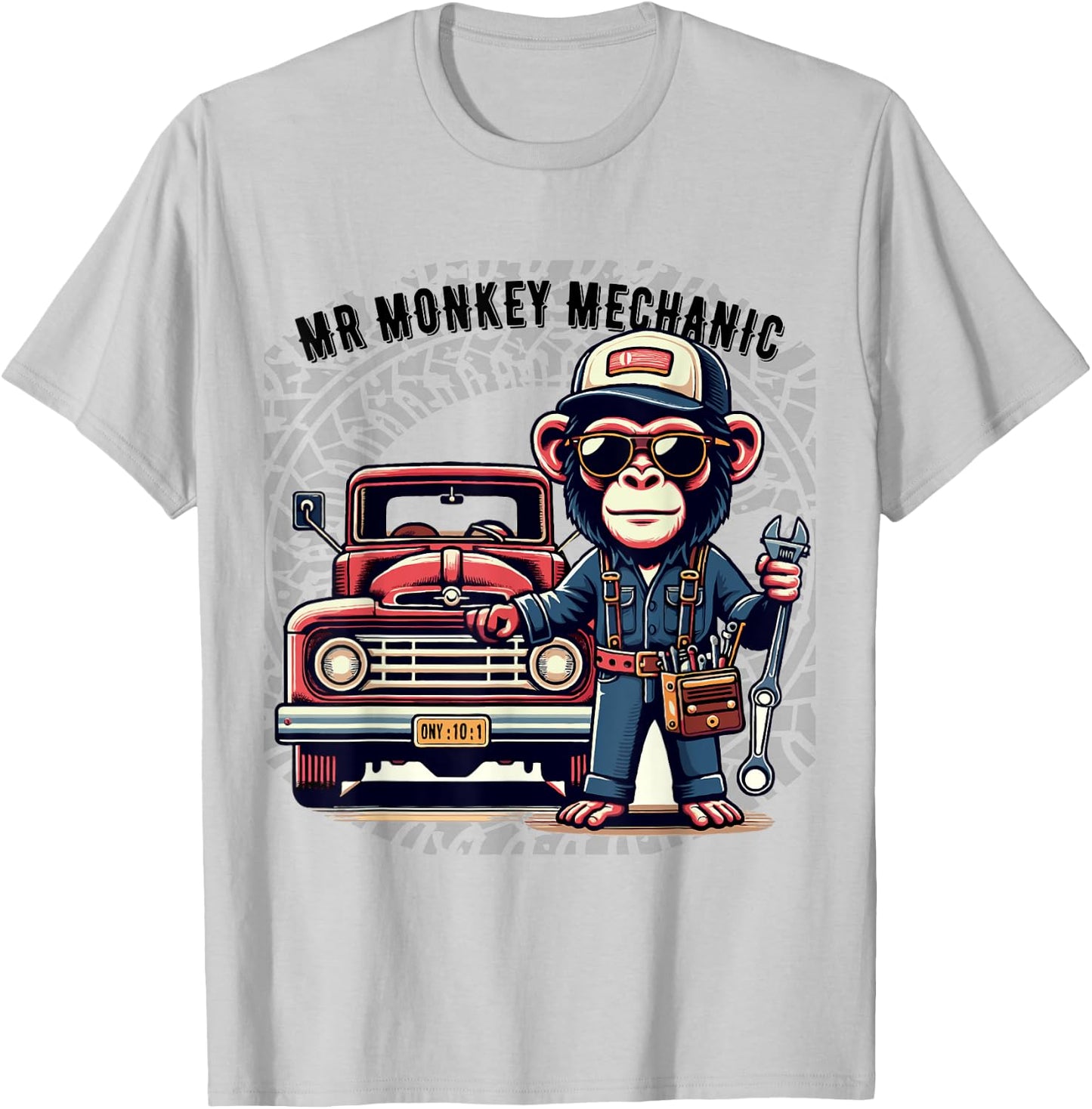 Mr Cute Monkey Mechanic Sunglasses Working on Vintage Truck T-Shirt - T-Shirt | Ash