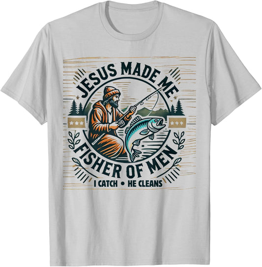 Jesus Made Me A Fisher Of Man Bible Verse Religious Fishing T-Shirt - T-Shirt | Ash