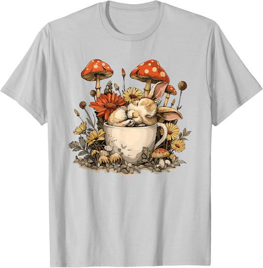 Rabbit Floral Bunny Cottagecore Aesthetic Tea Cup T-Shirt - T-Shirt | Ash