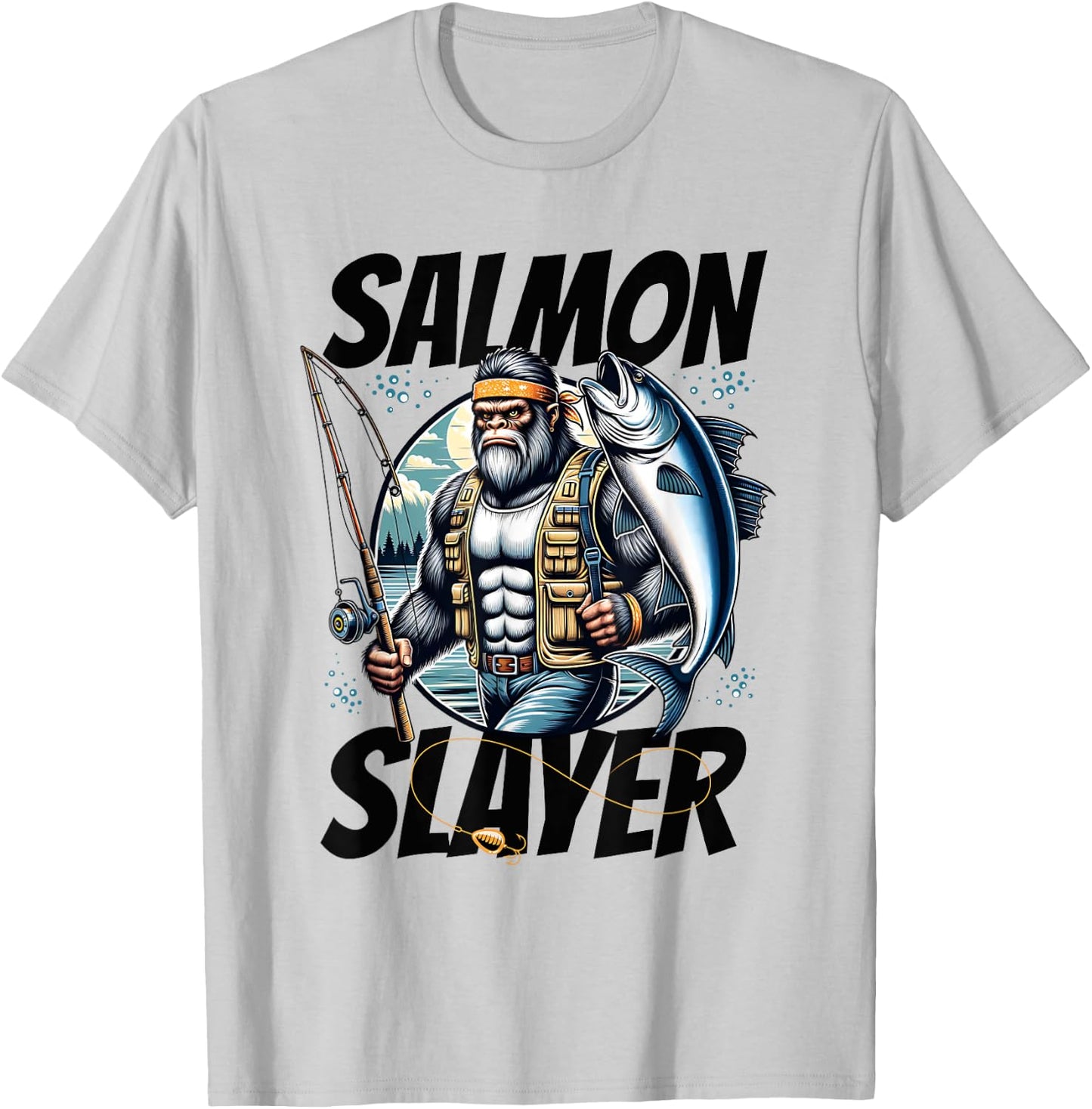 Salmon Slayer Funny Bigfoot Fishing Salmon Fish T-Shirt - T-Shirt | Ash