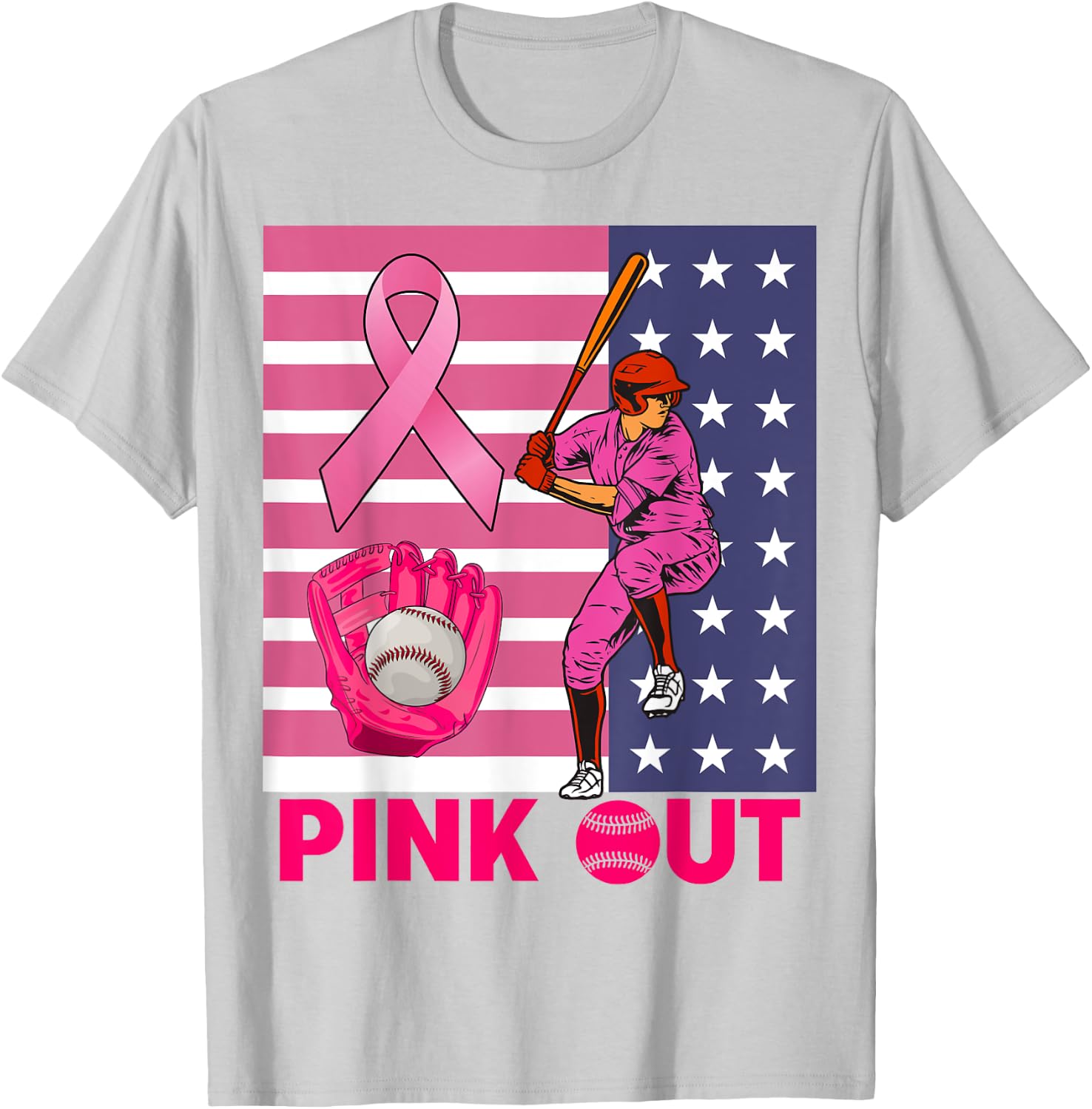 Pink Out Ribbon Baseball Breast Cancer Awareness T-Shirt - T-Shirt | Ash