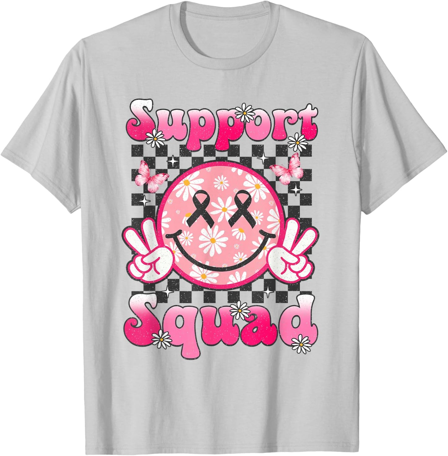 Support Squad Breast Cancer Awareness Smile Face Pink Ribbon T-Shirt - T-Shirt | Ash