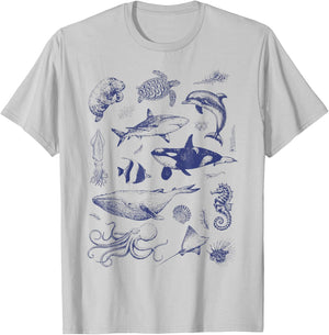 Ocean Wildlife Vintage Shark Turtle Octopus Graphic T-Shirt - T-Shirt | Ash