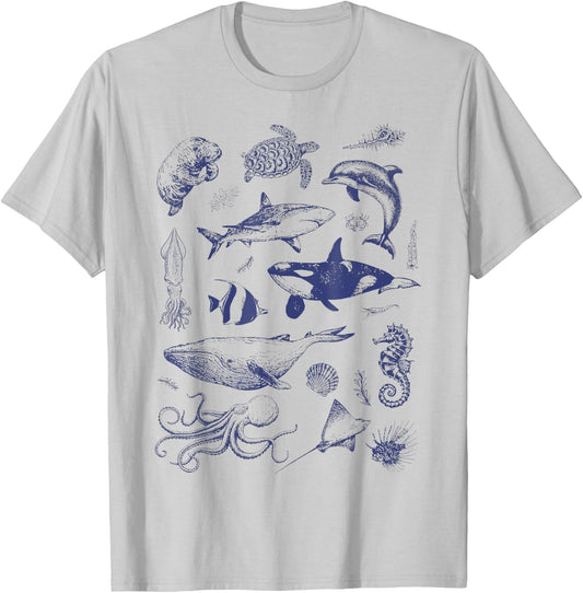 Ocean Wildlife Vintage Shark Turtle Octopus Graphic T-Shirt - T-Shirt | Ash