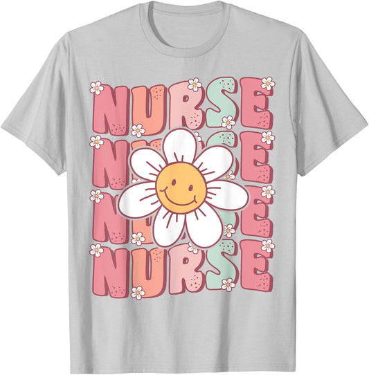 Groovy Nurse Cute Daisy Flower Retro School Nurse ICU CNA RN T-Shirt - T-Shirt | Ash