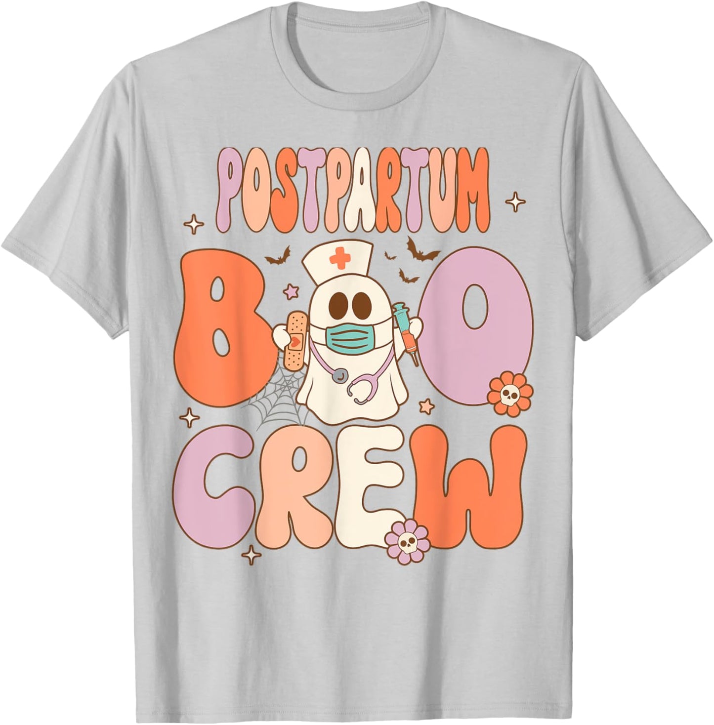 Postpartum Nurse Boo Crew Halloween Mother Baby Nurse T-Shirt - T-Shirt | Ash
