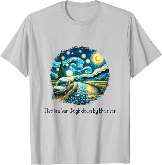 Vintage Retro I live in Van-Gogh down the river outdoor camping hiking , Small, Grey T-Shirt - T-Shirt | Ash