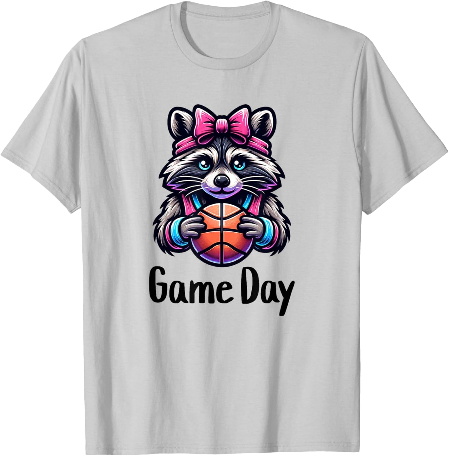 Basketball Raccoon Coquette Bow Game Day for Girls and Women T-Shirt - T-Shirt | Ash
