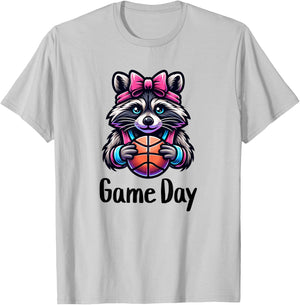 Basketball Raccoon Coquette Bow Game Day for Girls and Women T-Shirt - T-Shirt | Ash